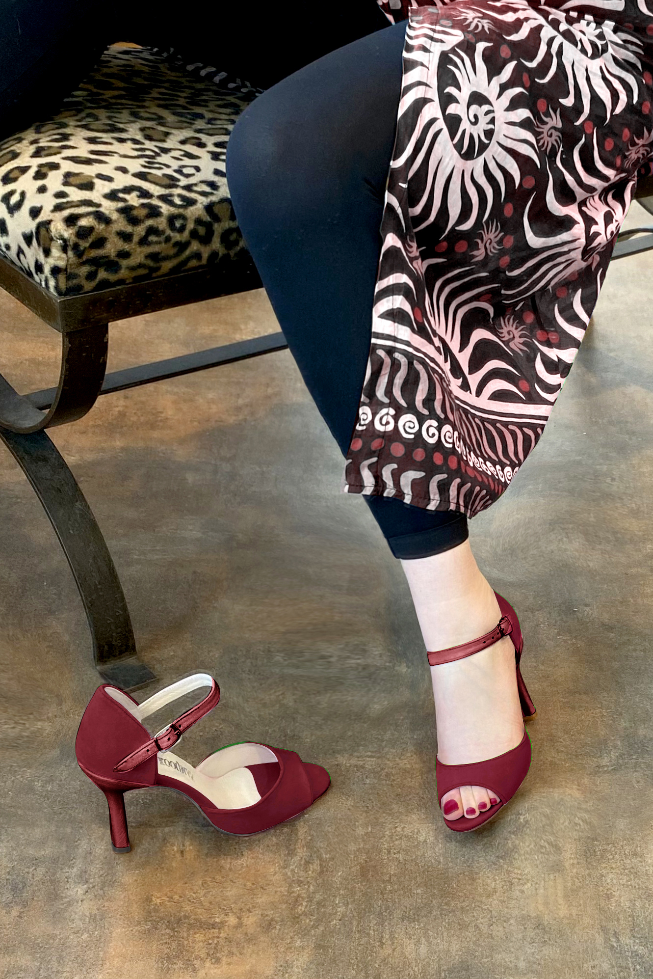 Burgundy red women's closed back sandals, with an instep strap. Round toe. High spool heels. Worn view - Florence KOOIJMAN